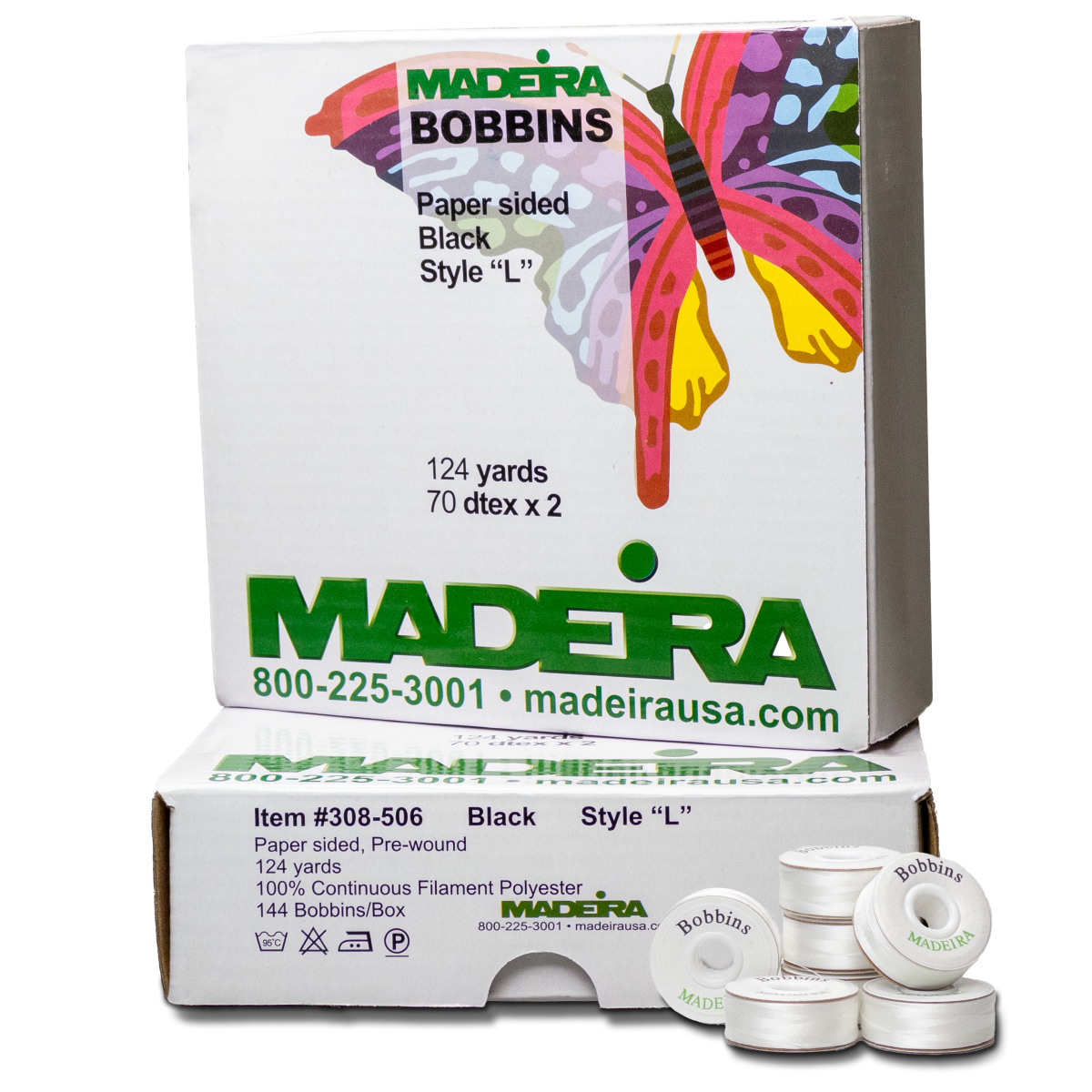 Madeira MADEIRA SIDED BOBBIN WHITE L 134 YD POLY FILAMENT 144 PER BOX