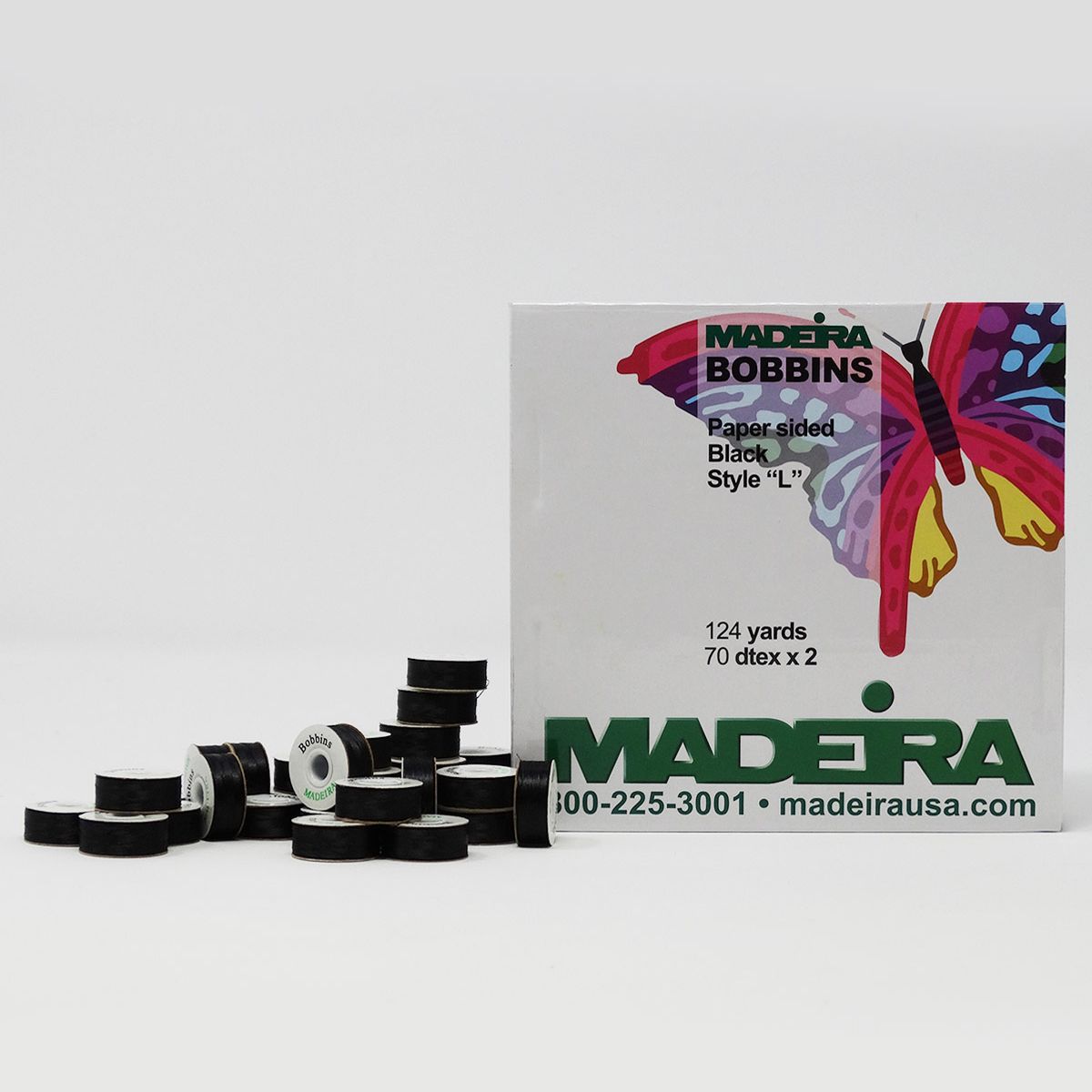 Madeira SIDED BOBBIN L BLACK 124 144 PER BOX