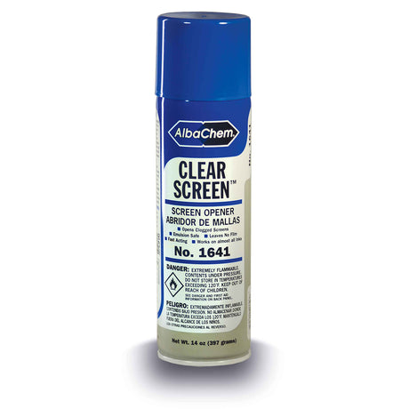 AlbaChem 1641 Clear Screen Cleaner, 14 oz. aerosol can for removing ink residue from screen printing mesh.