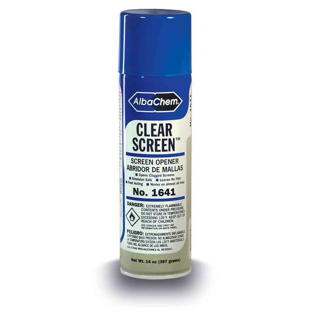 AlbaChem 1641 Clear Screen Cleaner, 14 oz. aerosol can for removing ink residue from screen printing mesh.