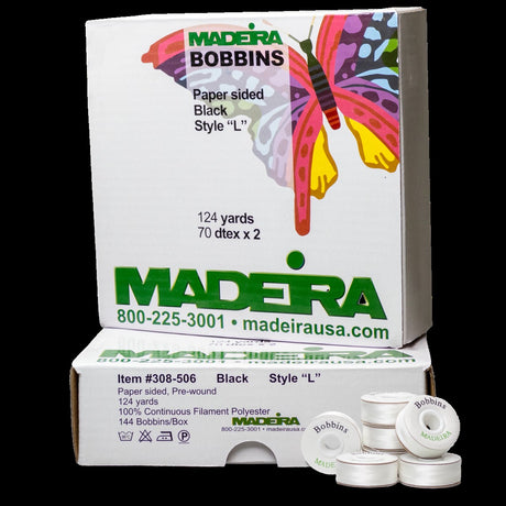 Madeira Sided Bobbin White L 124 Yard Polyester Filament Embroidery Bobbin Thread 144 Count Box