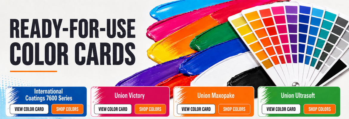 Ready-for-use screen printing ink color cards for International Coatings 7600, Union Victory, Union Maxopake and Union Ultrasoft